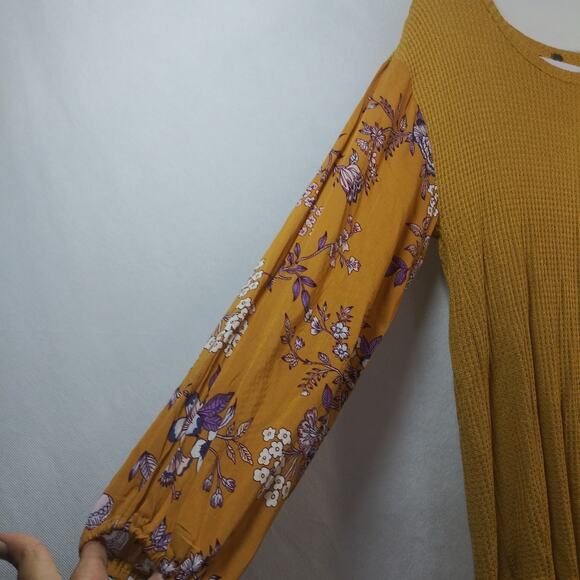Cupio Yellow Waffle Knit Mixed Media  Boho Top Size L - Picture 5 of 7